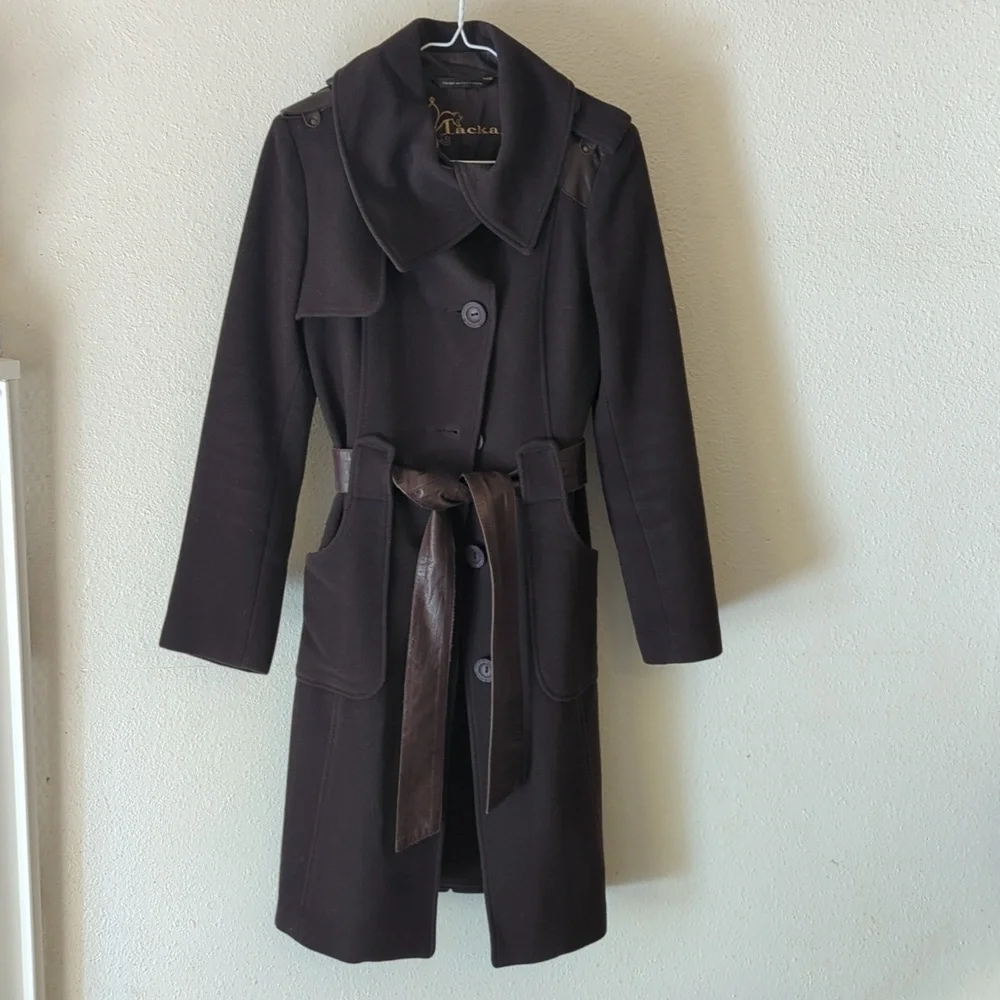 Mackage wool leather trim cozy belt winter trench coat - Picture 7 of 11